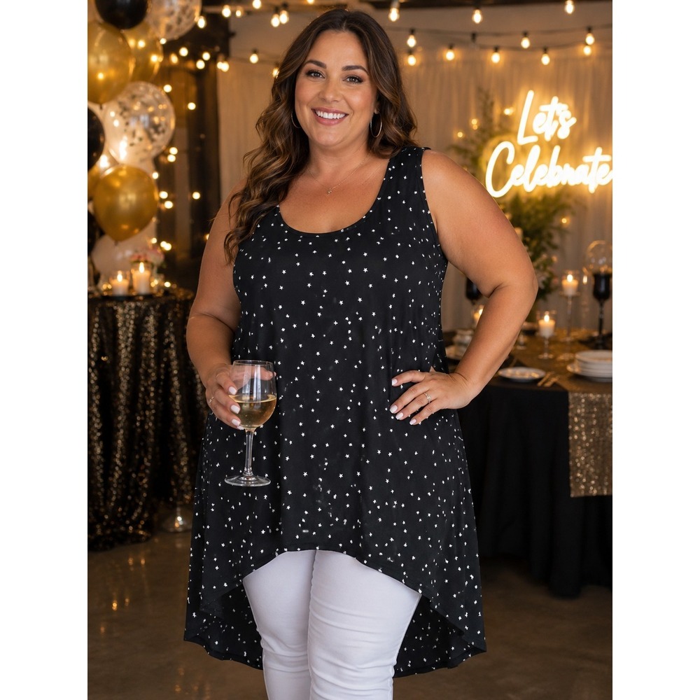 TORRID Women's Size 2 2XL Black Sleeveless Tunic Top White Stars -2261